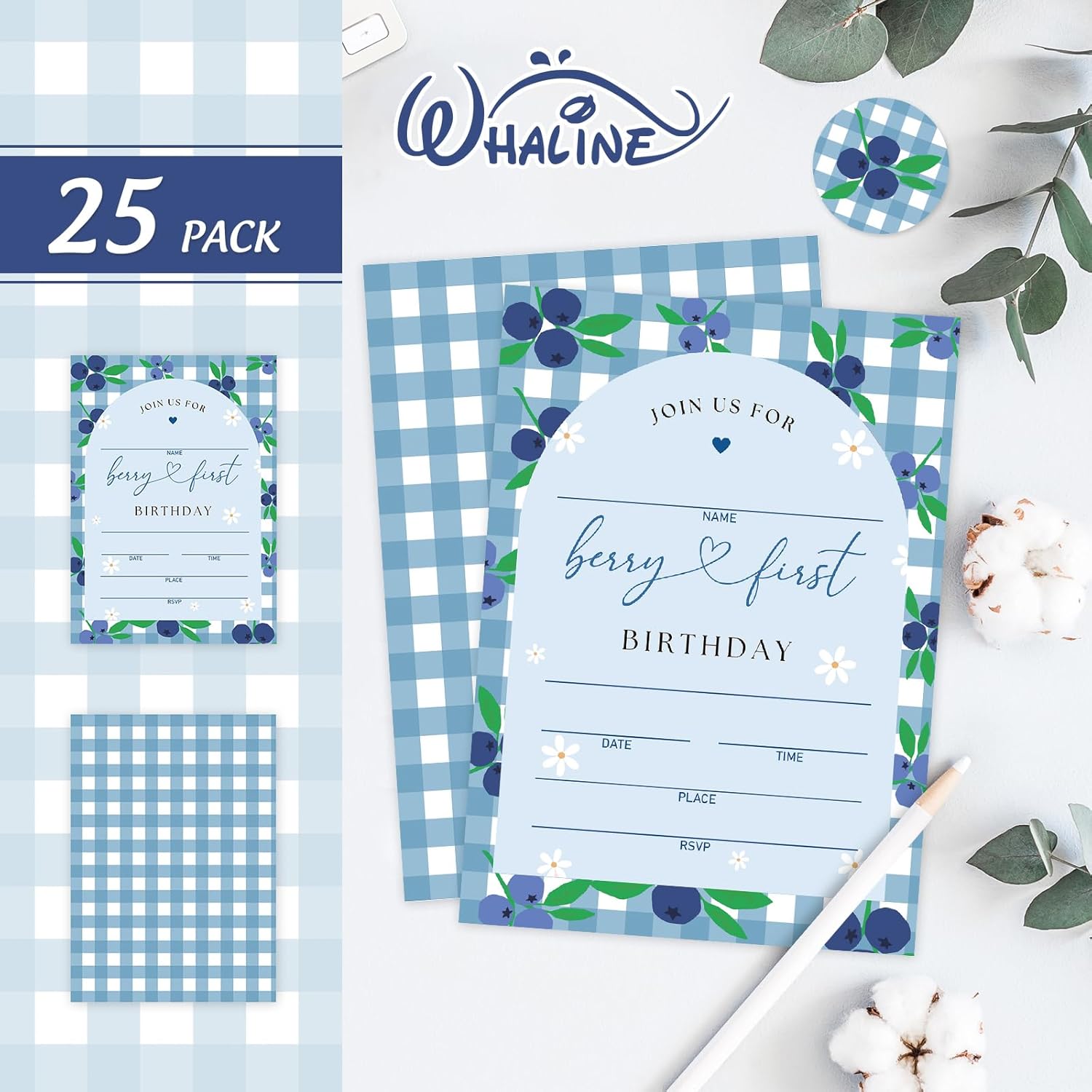 Whaline 25 Pack Blueberry Plaid Party Invitations