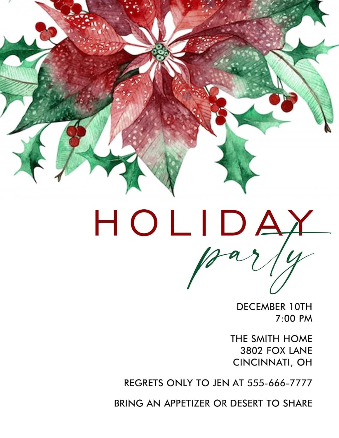 Personalized Christmas Party Invitation with Poinsettia Design