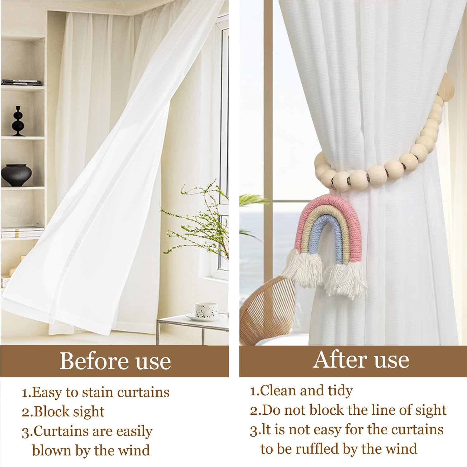 2 Pieces Wooden Beaded Curtain Tiebacks with Tassels