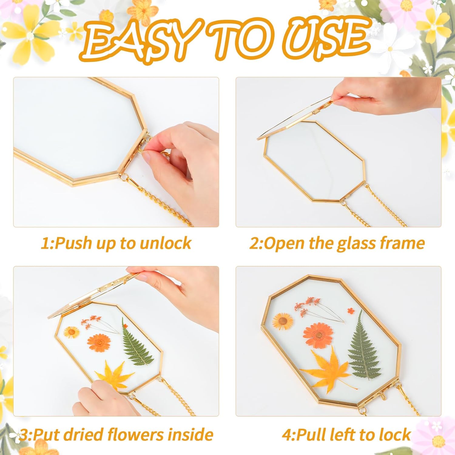 Hanging Pressed Flower Frame with Gold Brass Frame and Orange Dried Flowers