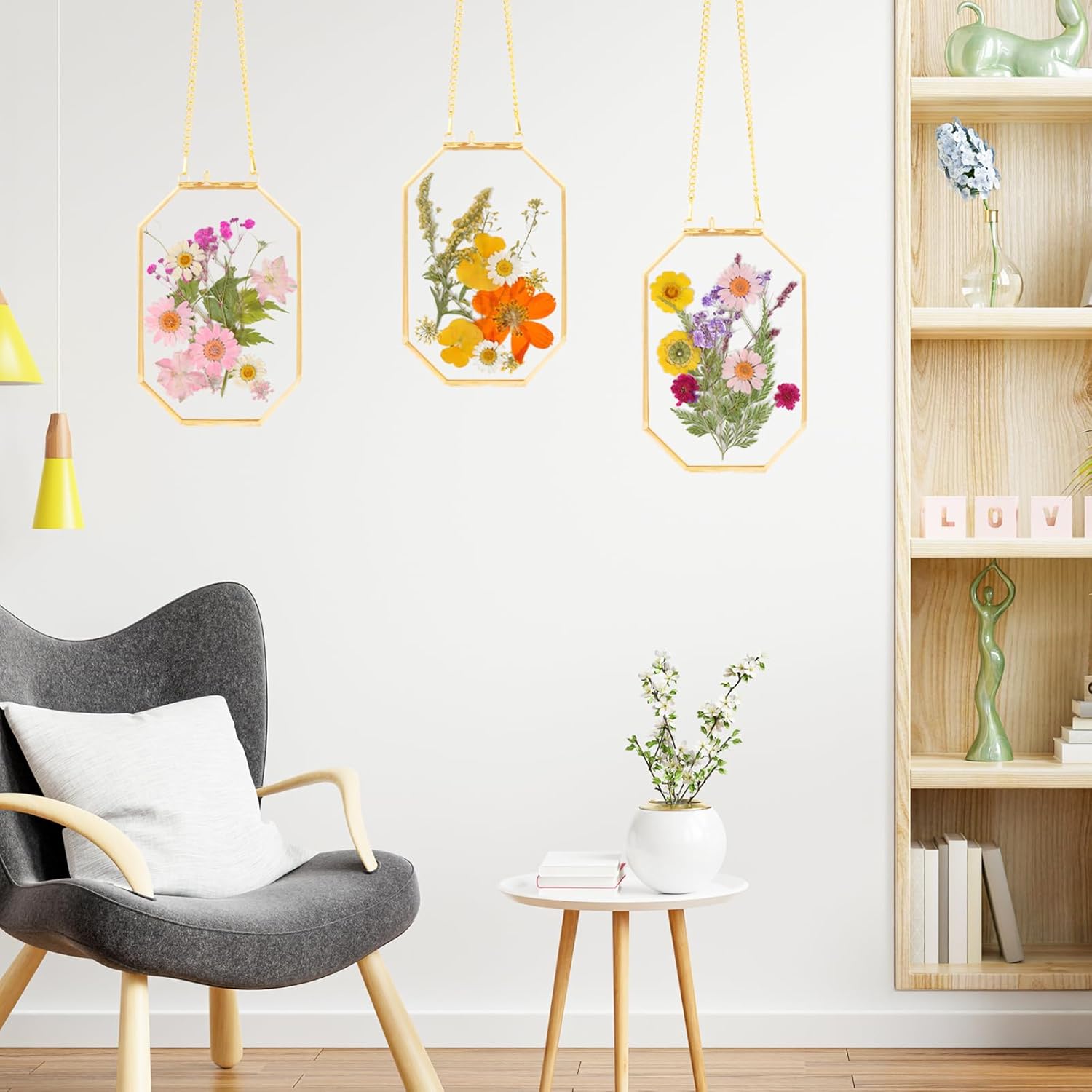 Hanging Pressed Flower Frame with Gold Brass Frame and Orange Dried Flowers