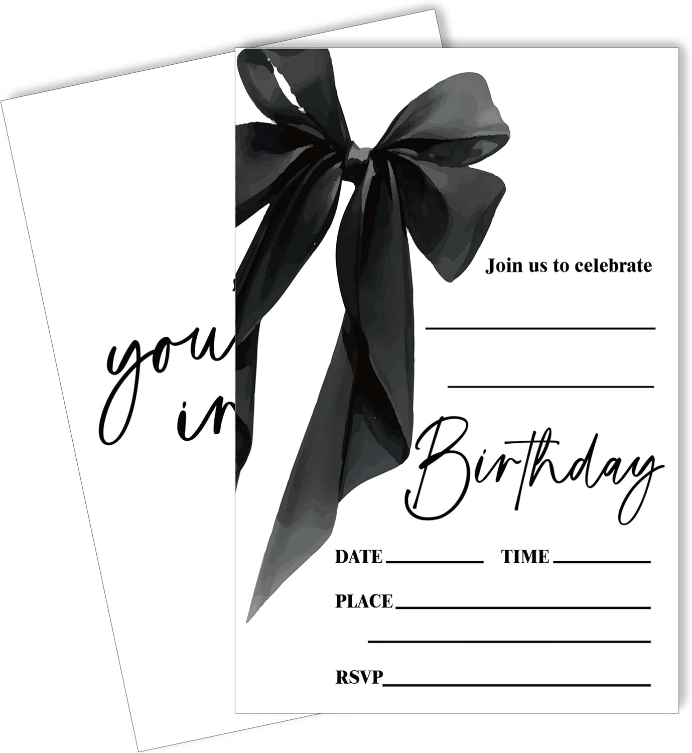 Black Bow Birthday Invite Cards 20pcs with Envelopes 4x6