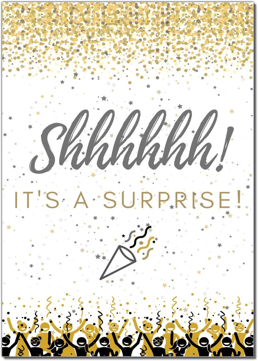 Elcer Surprise Party Invitations Black Gold 20 Count
