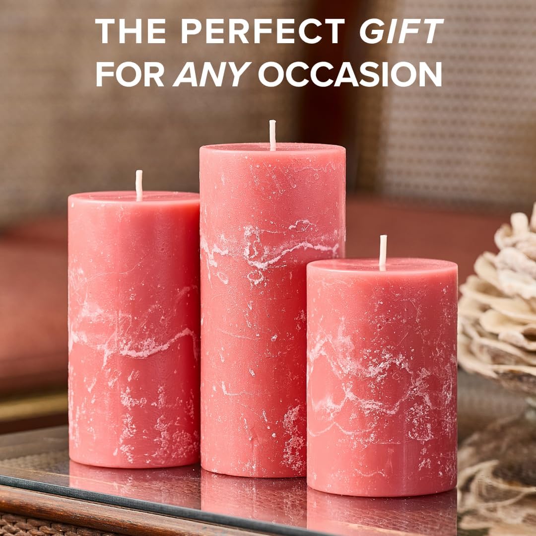 Simply Soson 3x6 Inch Pink Rustic Peony and Rose Pillar Candle - 3 Pack