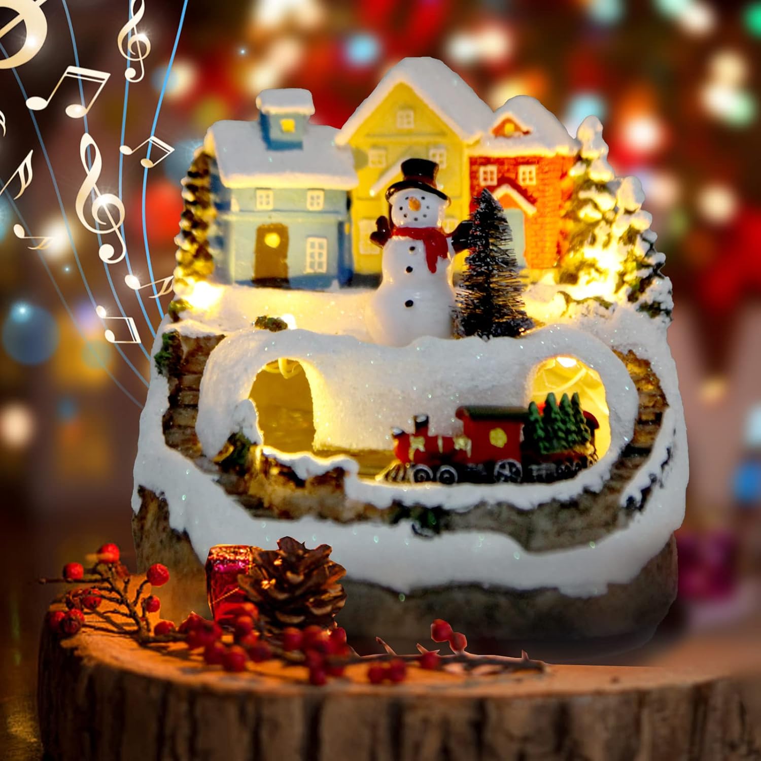 Christmas Village Musical Snow Globe Resin Figurines with 8 Music Snowman