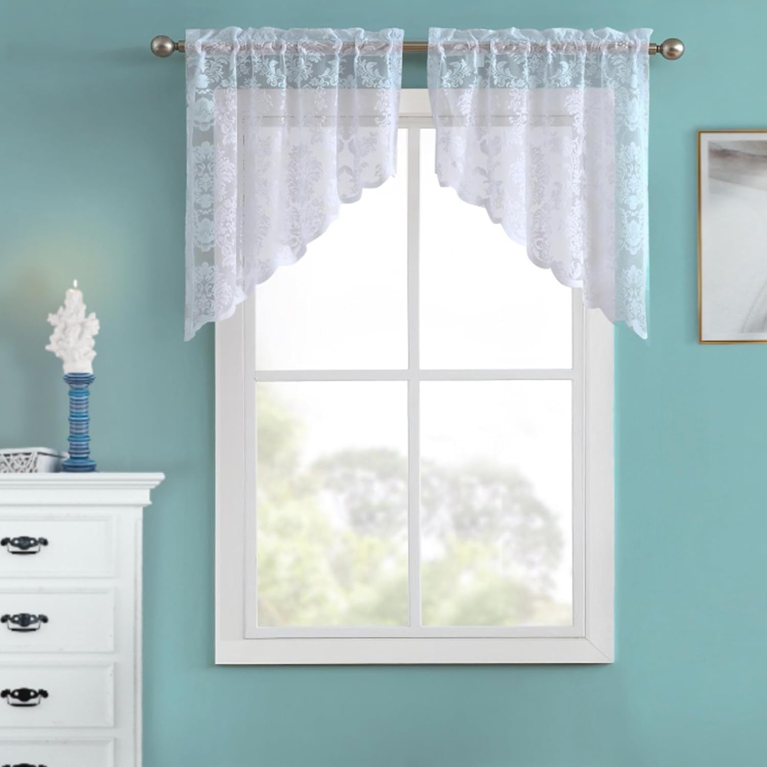 Warm Home Designs 30x38 White Knitted Lace Kitchen Swags