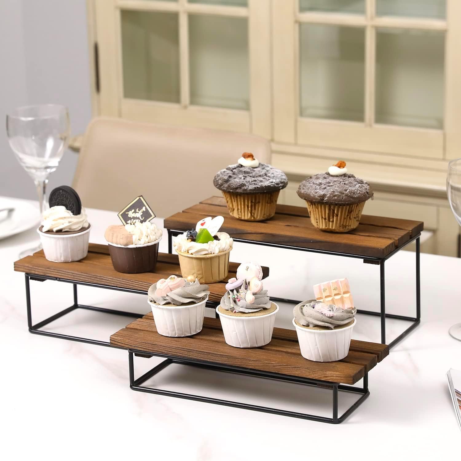 MyGift 3-Tier Rustic Burnt Wood Display Riser Stand