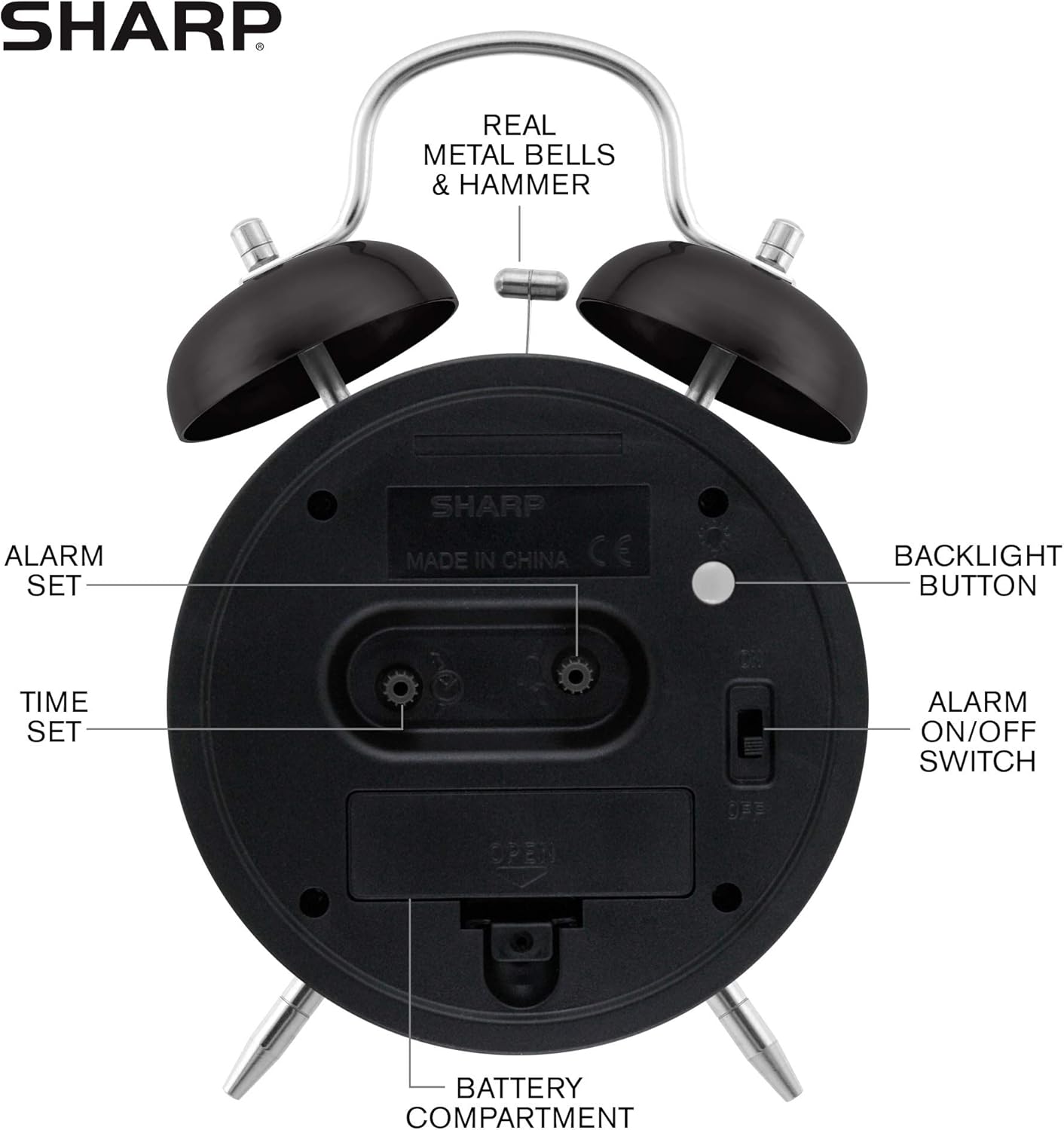 Sharp Twin Bell Alarm Clock - Loud Alarm - Battery Operated