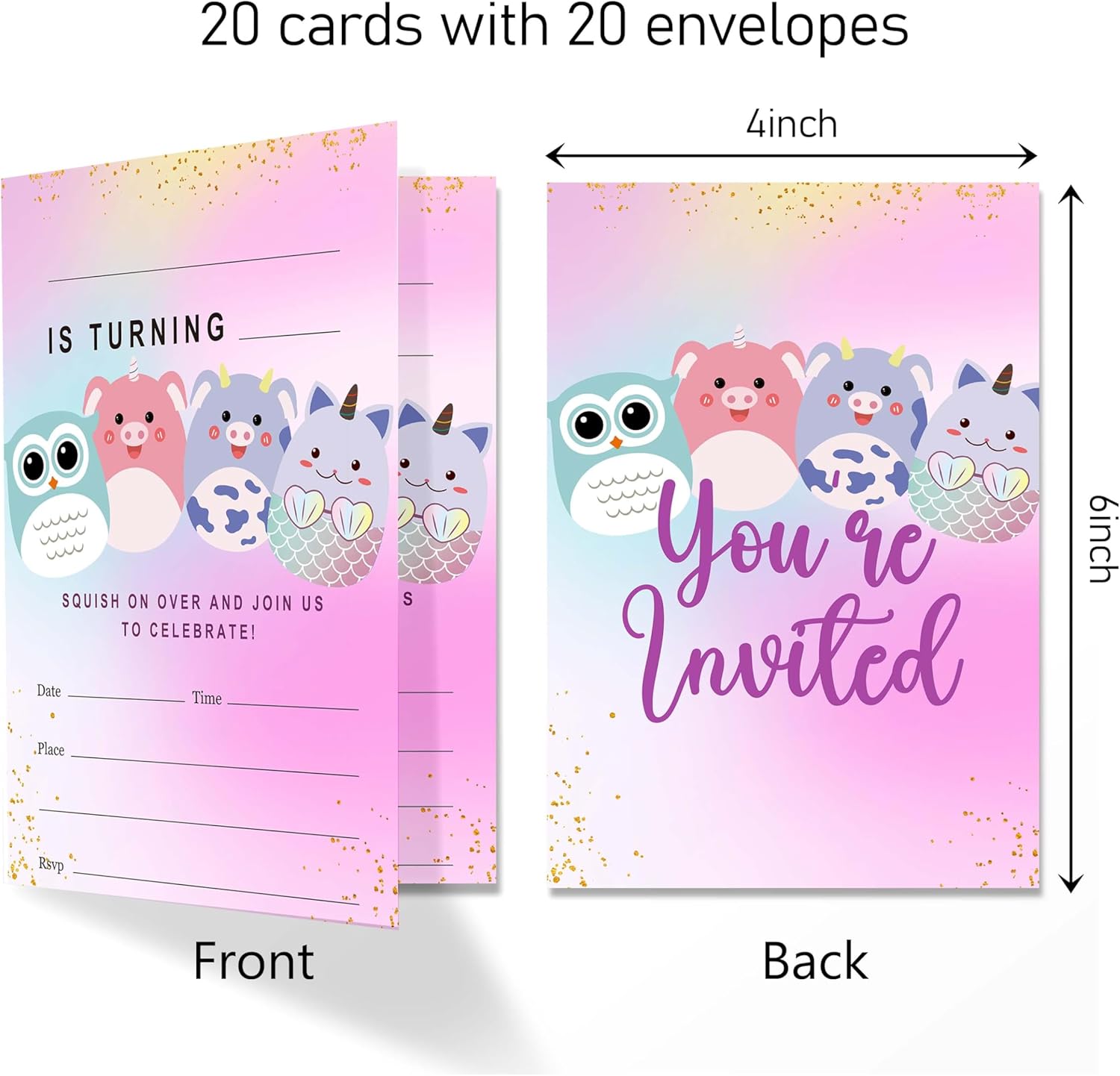 Squish Birthday Invitation Cards Set of 20 with Envelopes 4x6
