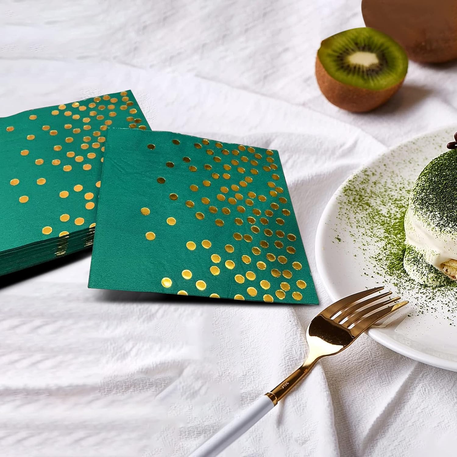 100 Pack Green and Gold Cocktail Napkins for Parties