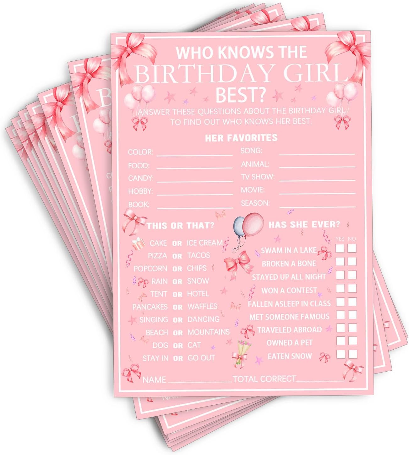 Who Knows The Birthday Girl Best Pink Party Game Cards 20 Questions