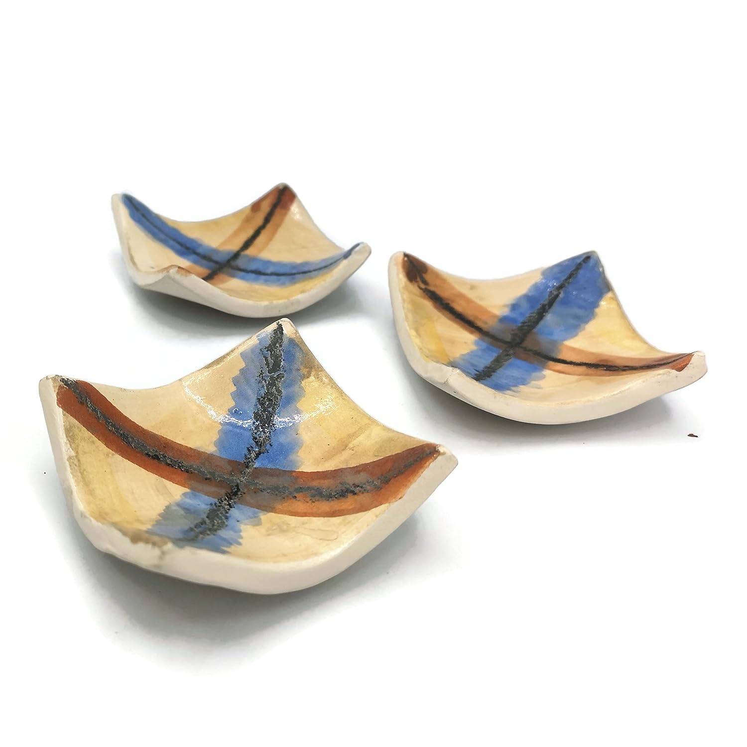 Set of 3 Small Square Hand Painted Ceramic Candle Holders