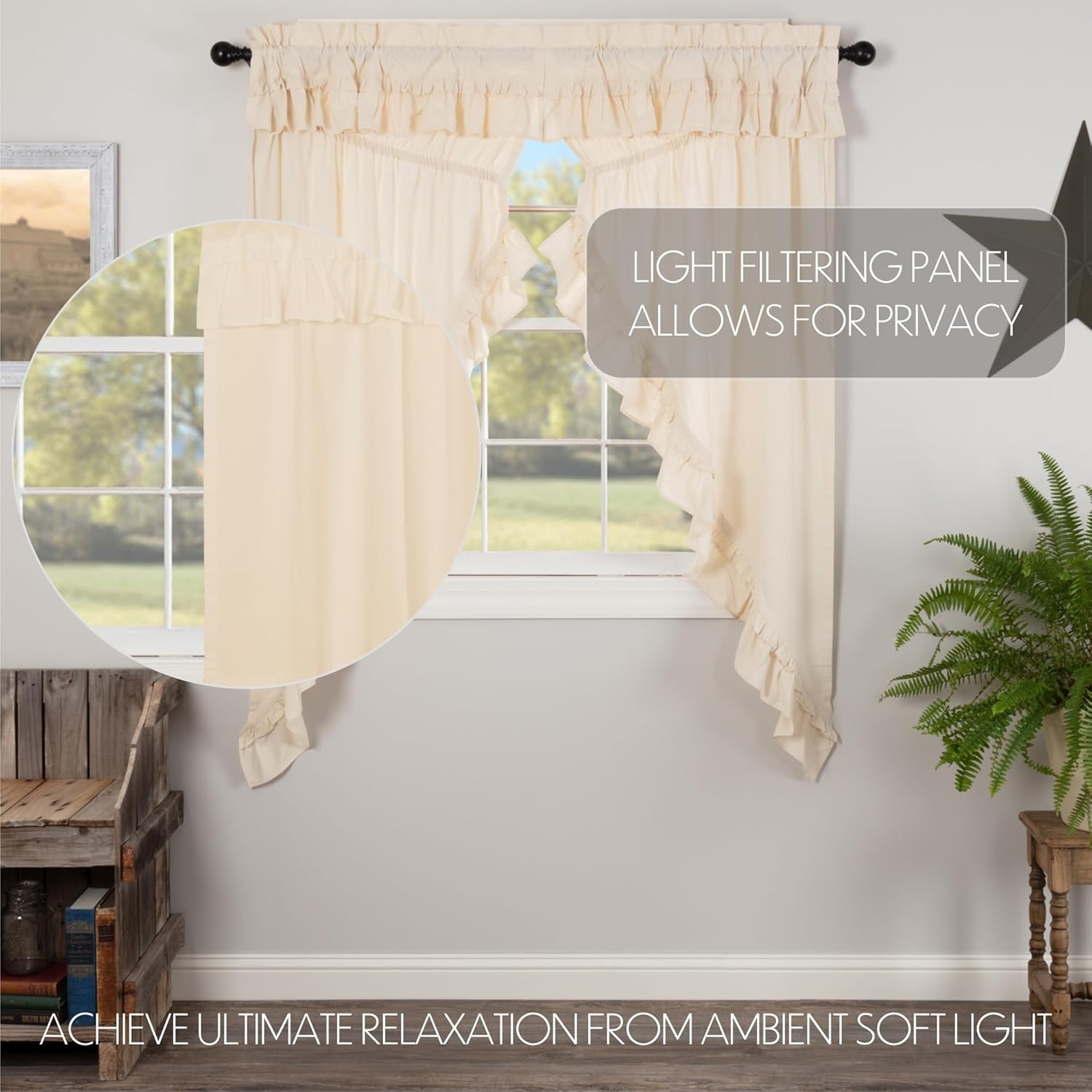 VHC Brands Muslin Ruffled Natural Tan Prairie Panels Set of 2