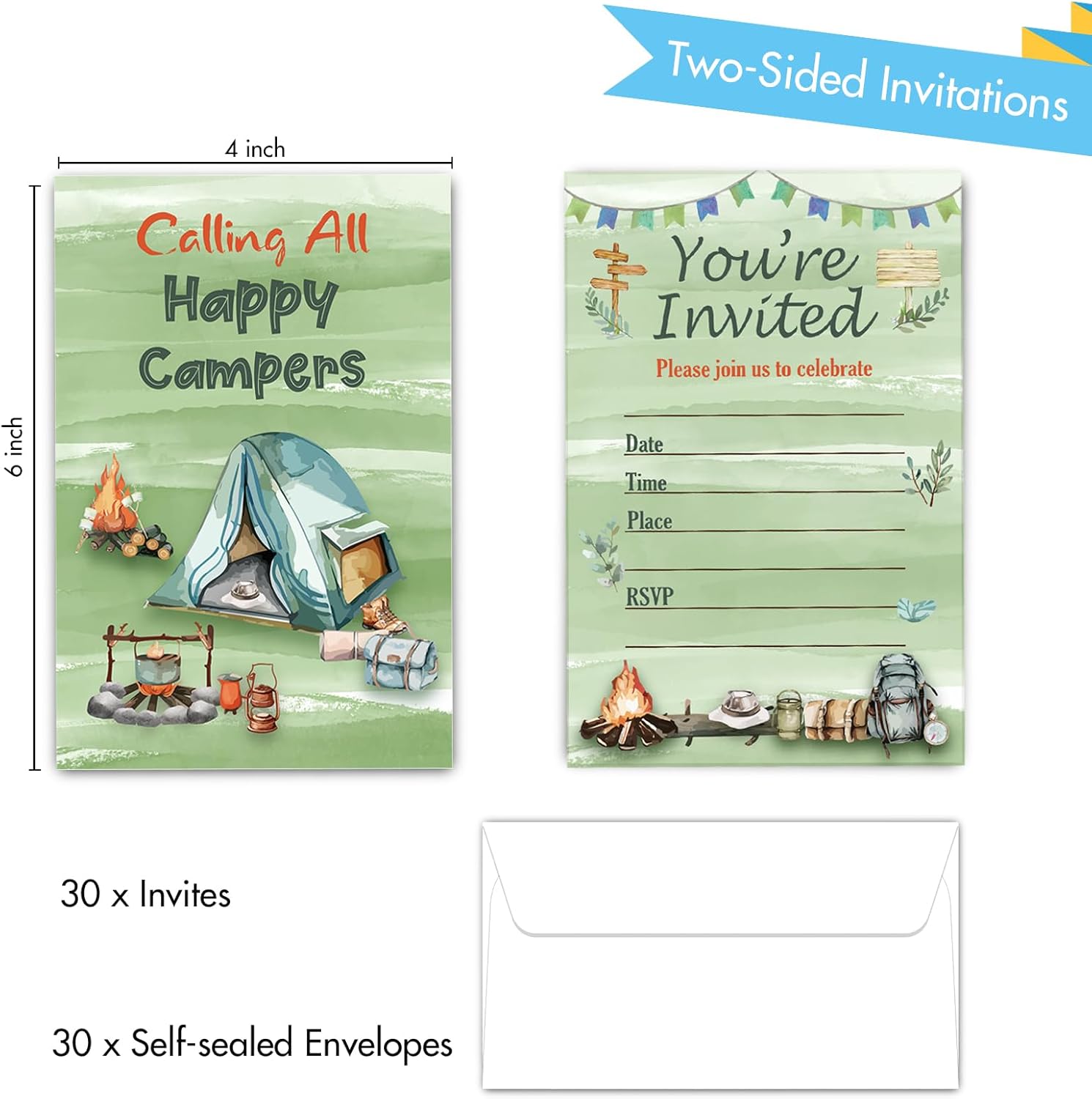 Camping Birthday Invites with Envelopes 30PCS Double Sided