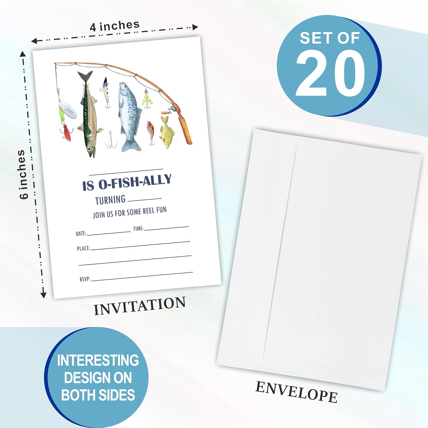 20 Fishing Birthday Invitations with Adhesive Envelopes