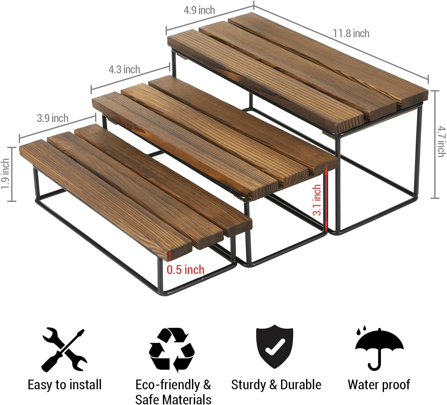MyGift 3-Tier Rustic Burnt Wood Display Riser Stand