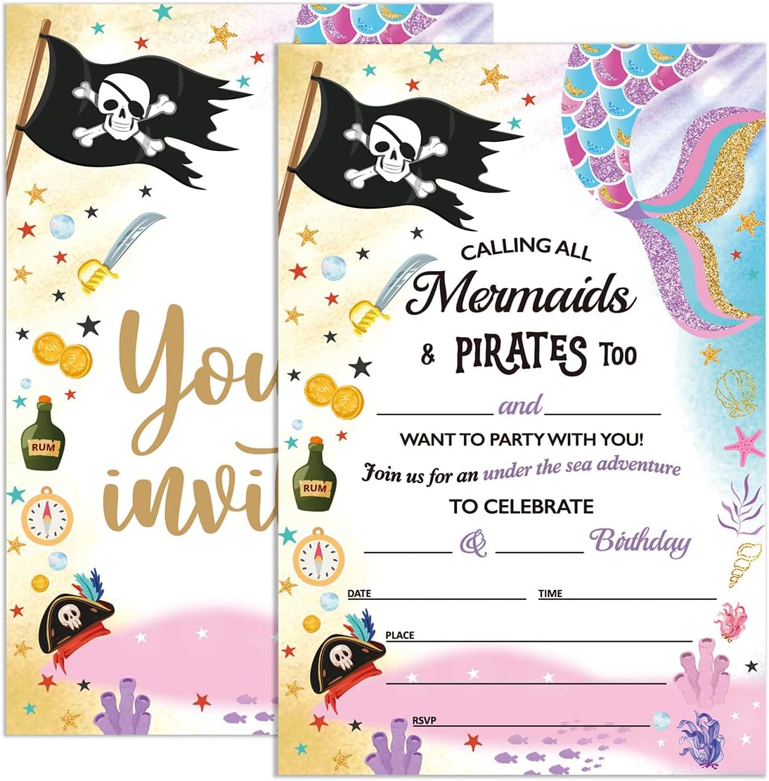 Mermaid and Pirate Birthday Invitations Set of 20 4x6 with Envelopes