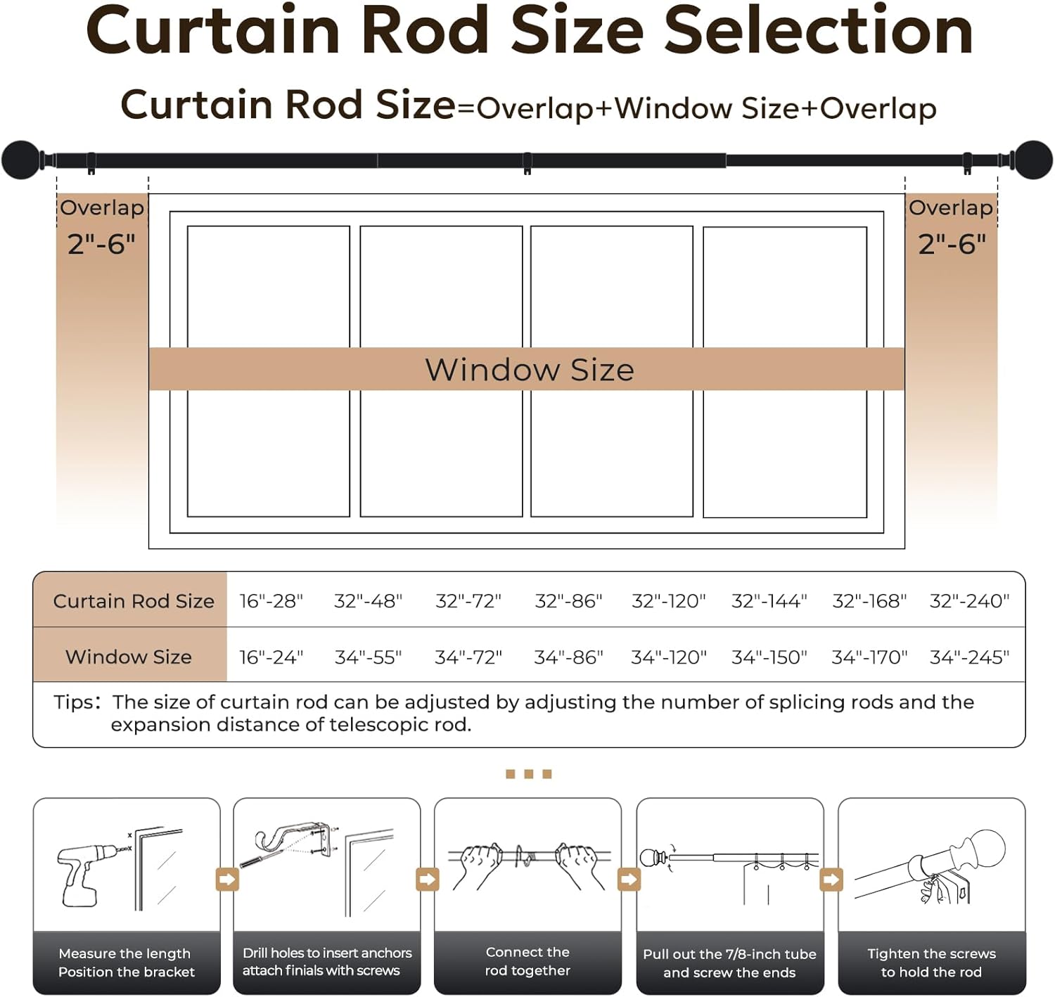 Zeerobee 1 Inch Heavy Duty Black Curtain Rods 66-120