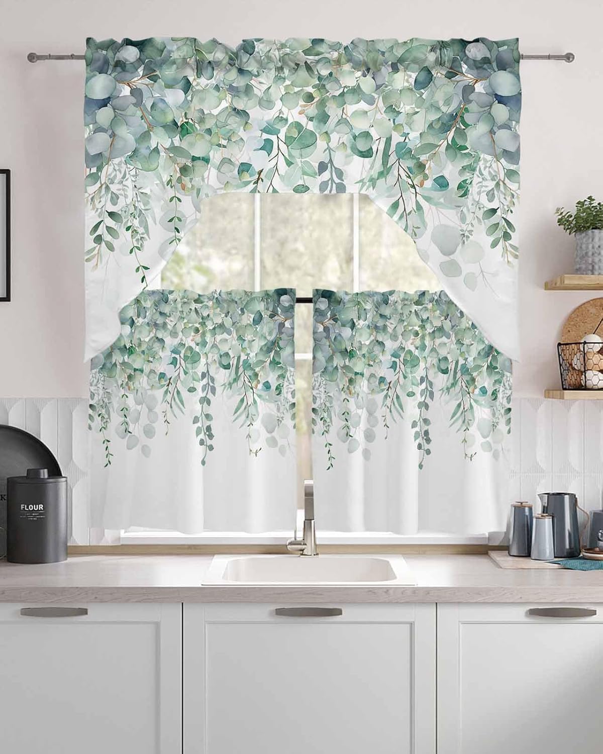 Sage Green Eucalyptus Leaf Curtain Set with Valance and Tiers