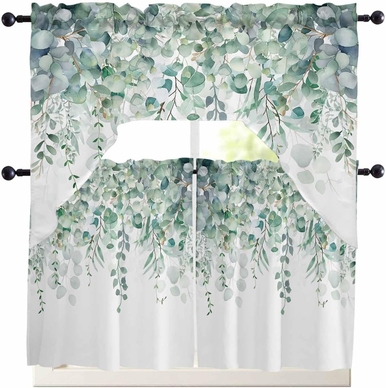 Sage Green Eucalyptus Leaf Curtain Set with Valance and Tiers