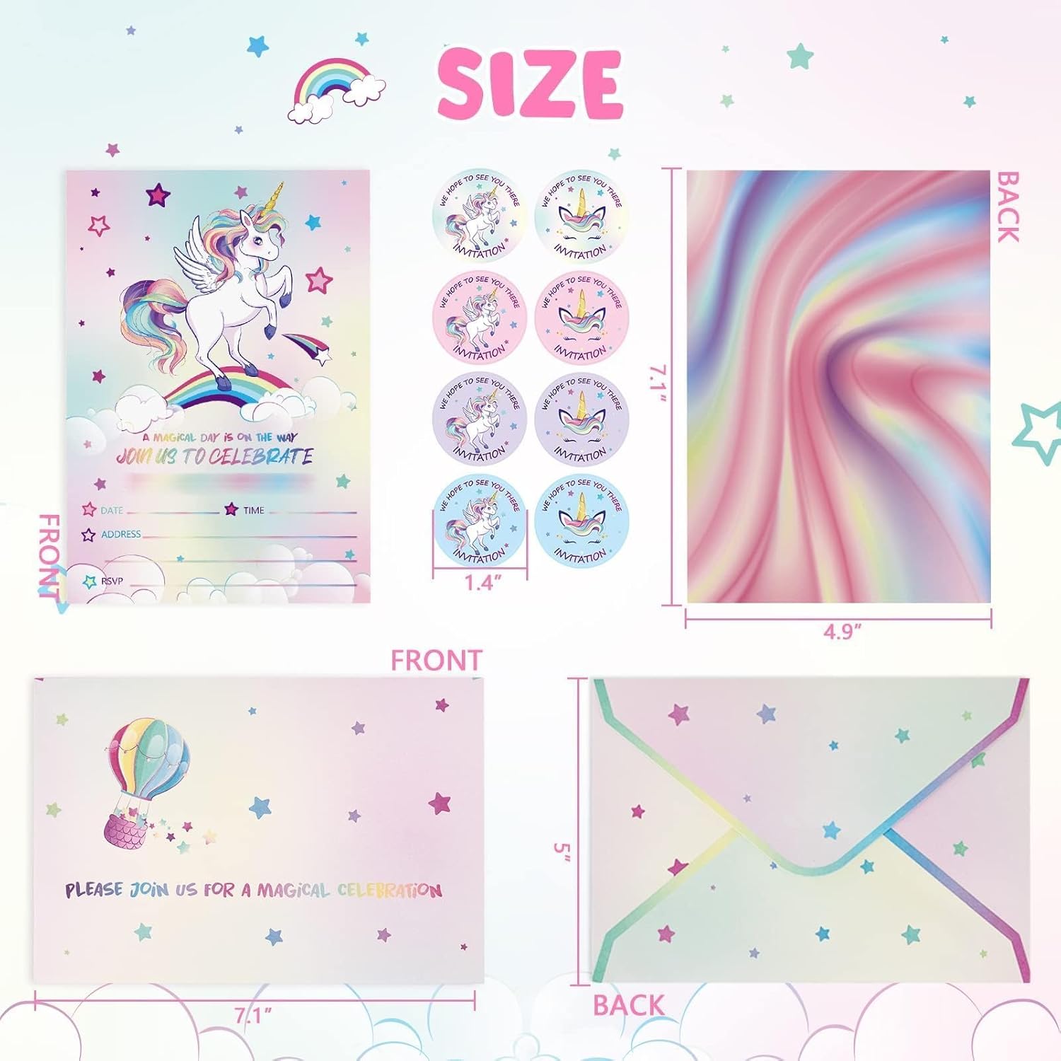WERNNSAI 24PCS Unicorn Birthday Invites with Envelopes