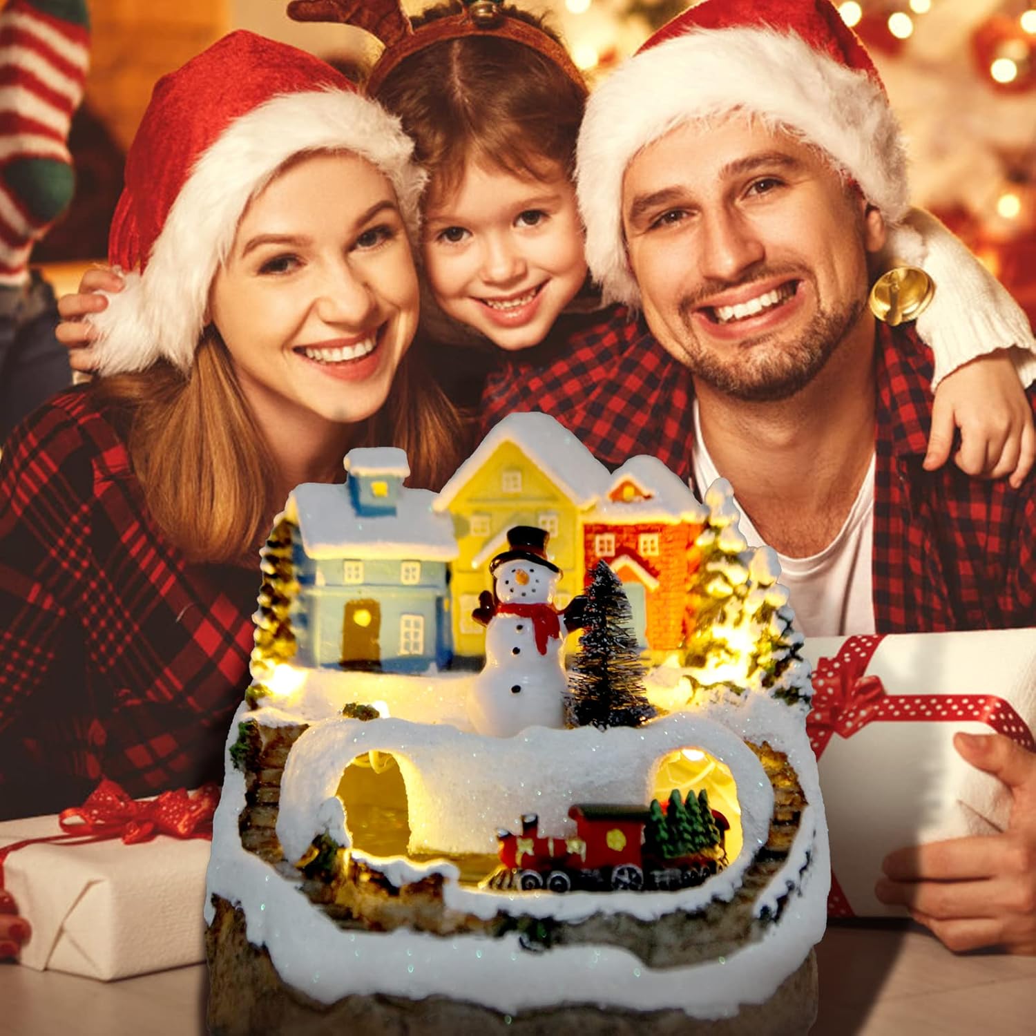 Christmas Village Musical Snow Globe Resin Figurines with 8 Music Snowman