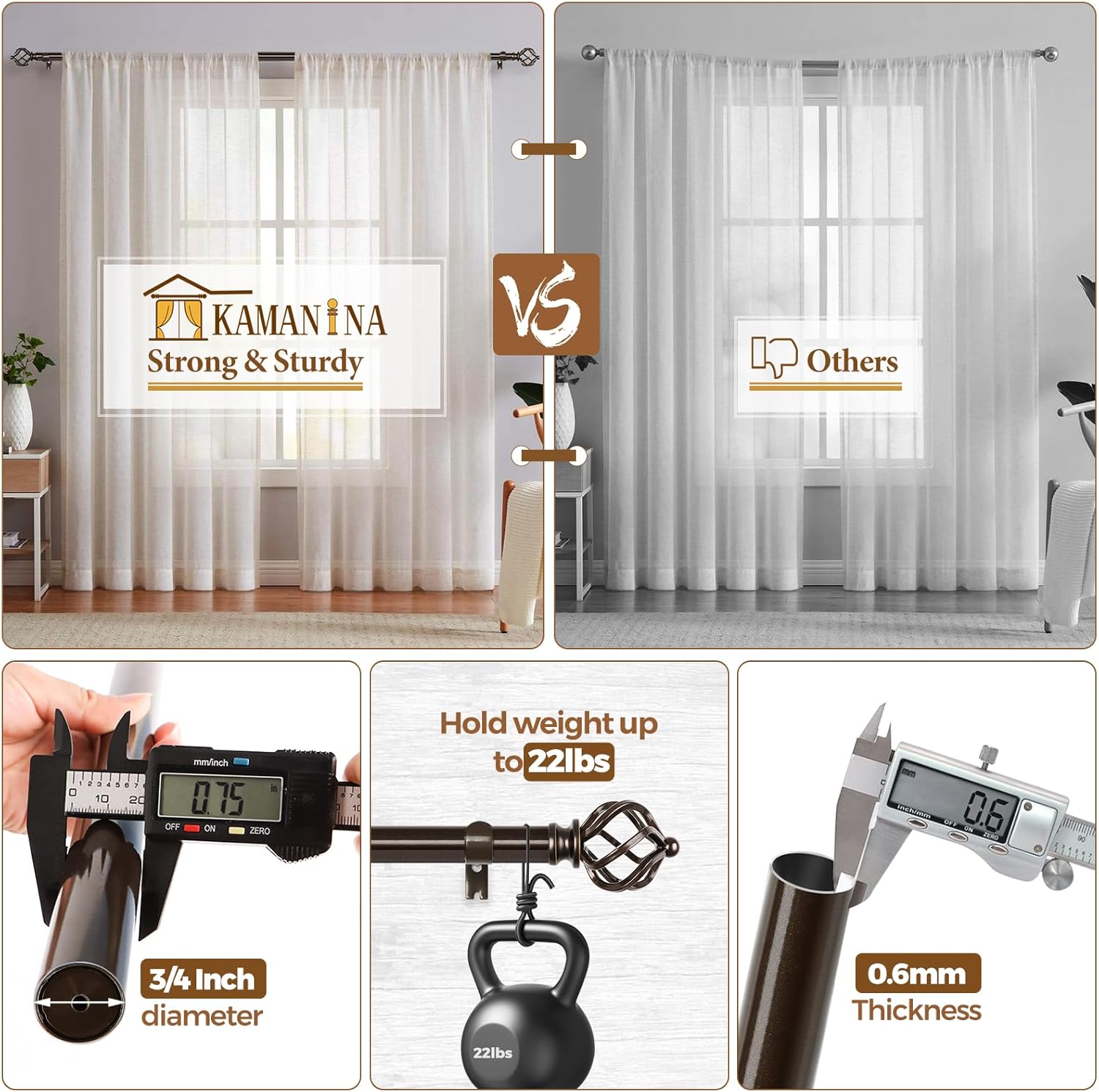 KAMANINA Bronze Curtain Rod 32-58 Inch Adjustable Single Rod
