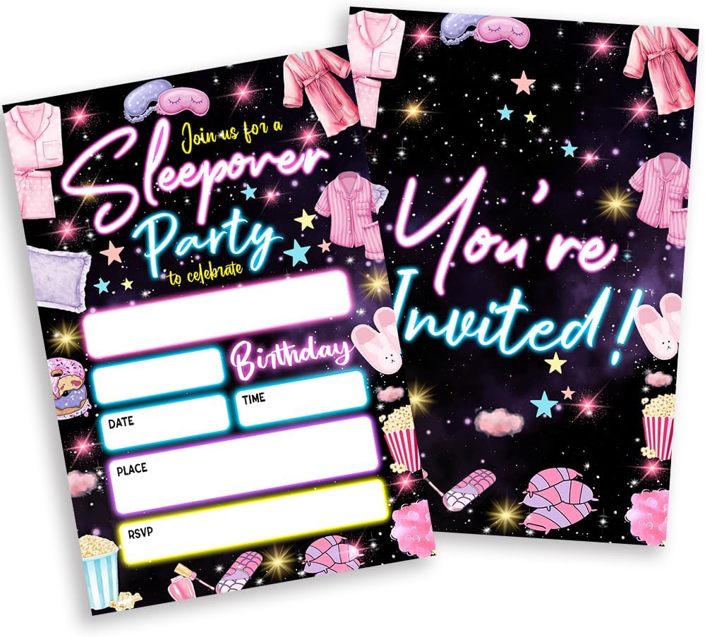 Neon Themed Sleepover Party Invitations with Envelopes