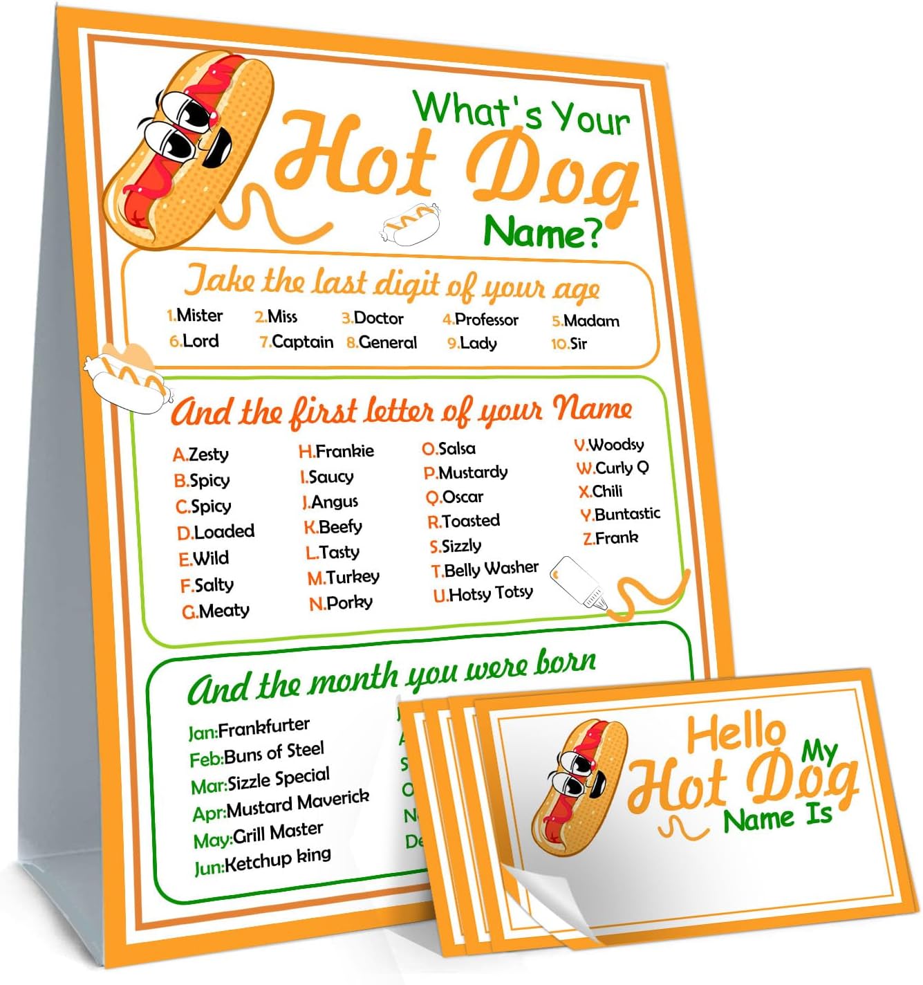 Funny Hot Dog Name Game Cards Set for Birthday Parties