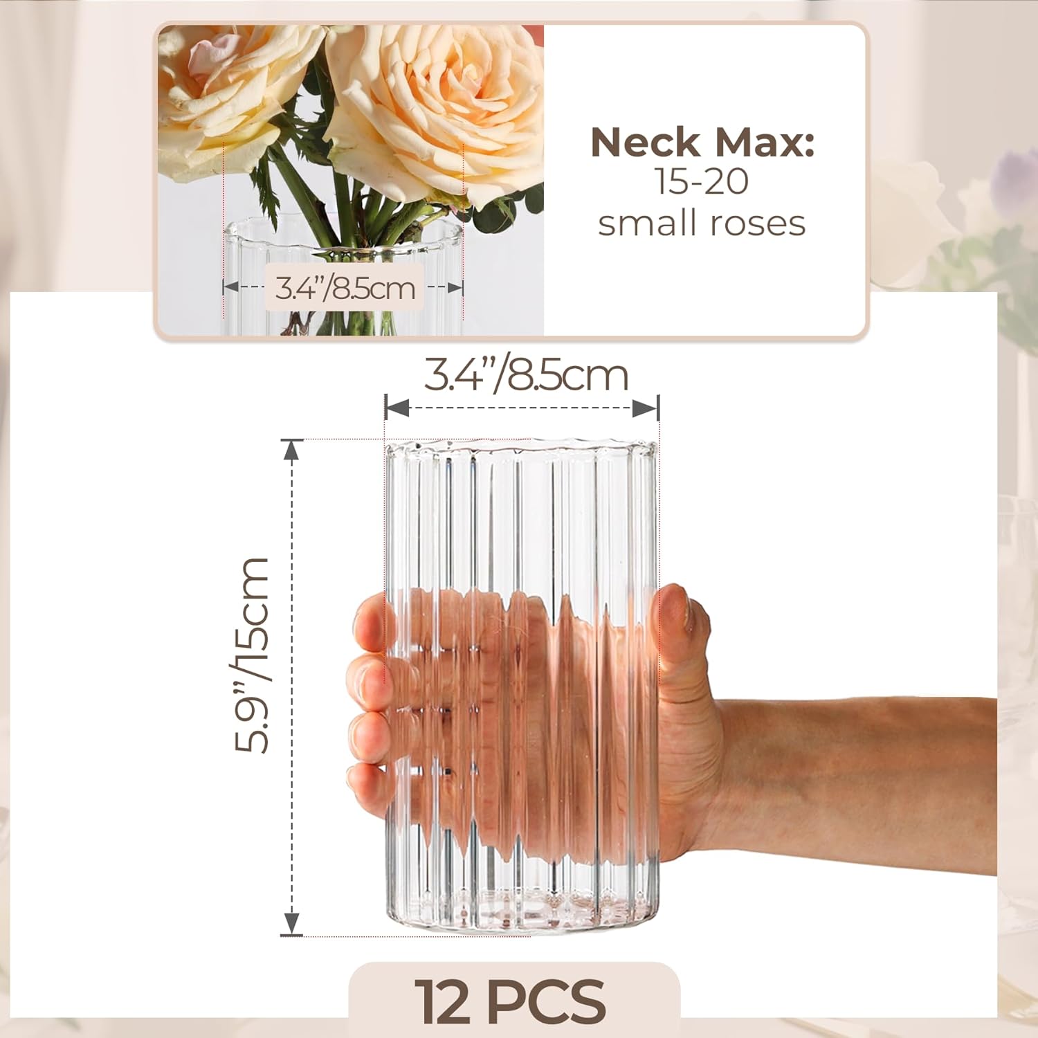 ComSaf Clear Ribbed Glass Vases Pack of 12