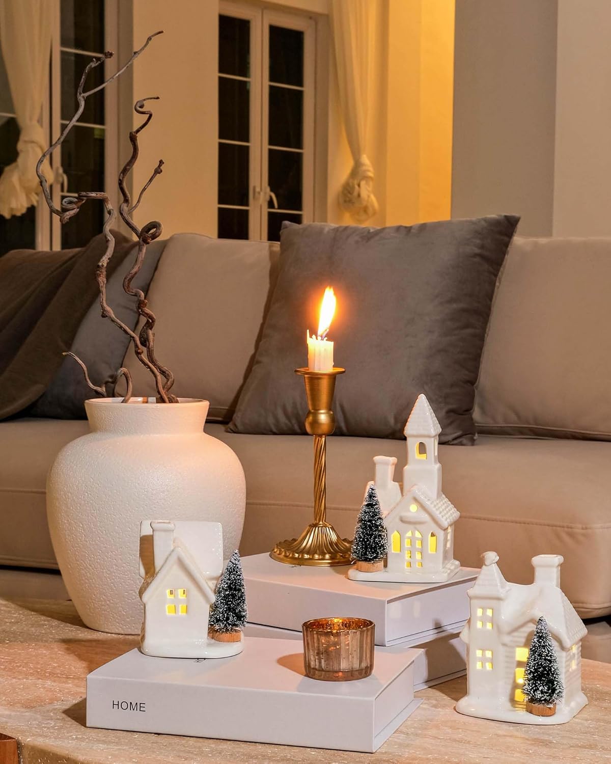 DN DECONATION 3Pcs Lighted White Christmas Ceramic Houses Village Set