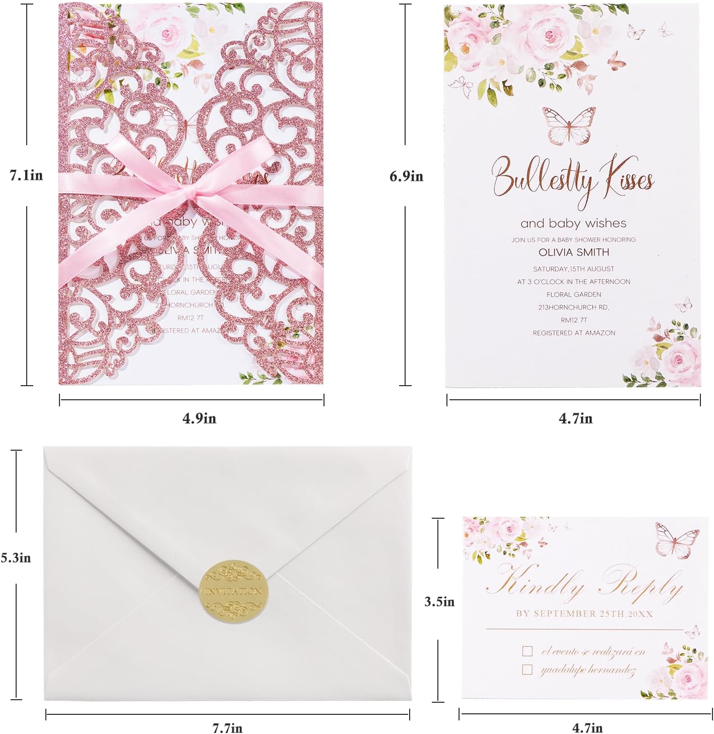25pcs Pink Glitter Laser Cut Wedding Invitation Kit with Envelopes and RSVP Cards