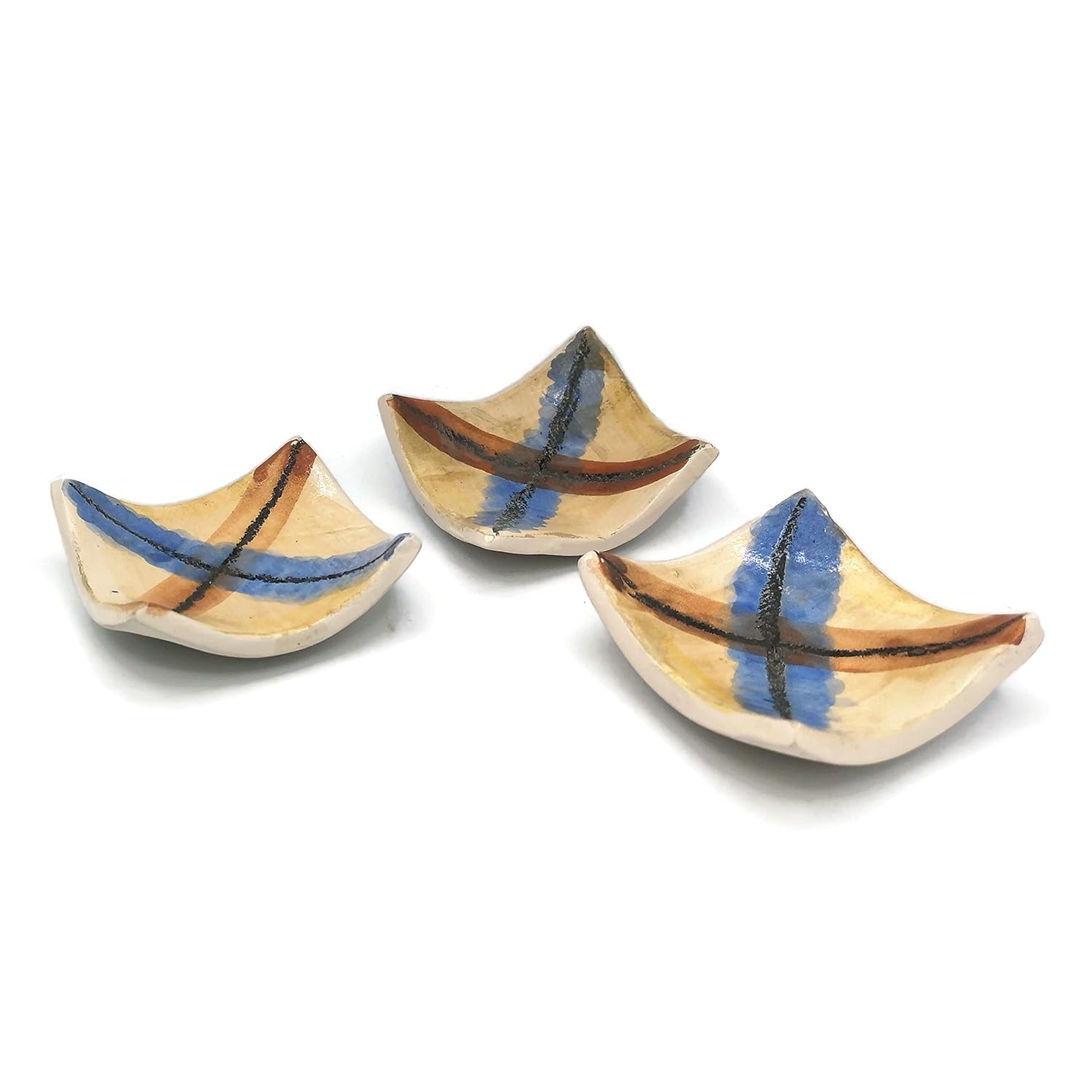 Set of 3 Small Square Hand Painted Ceramic Candle Holders