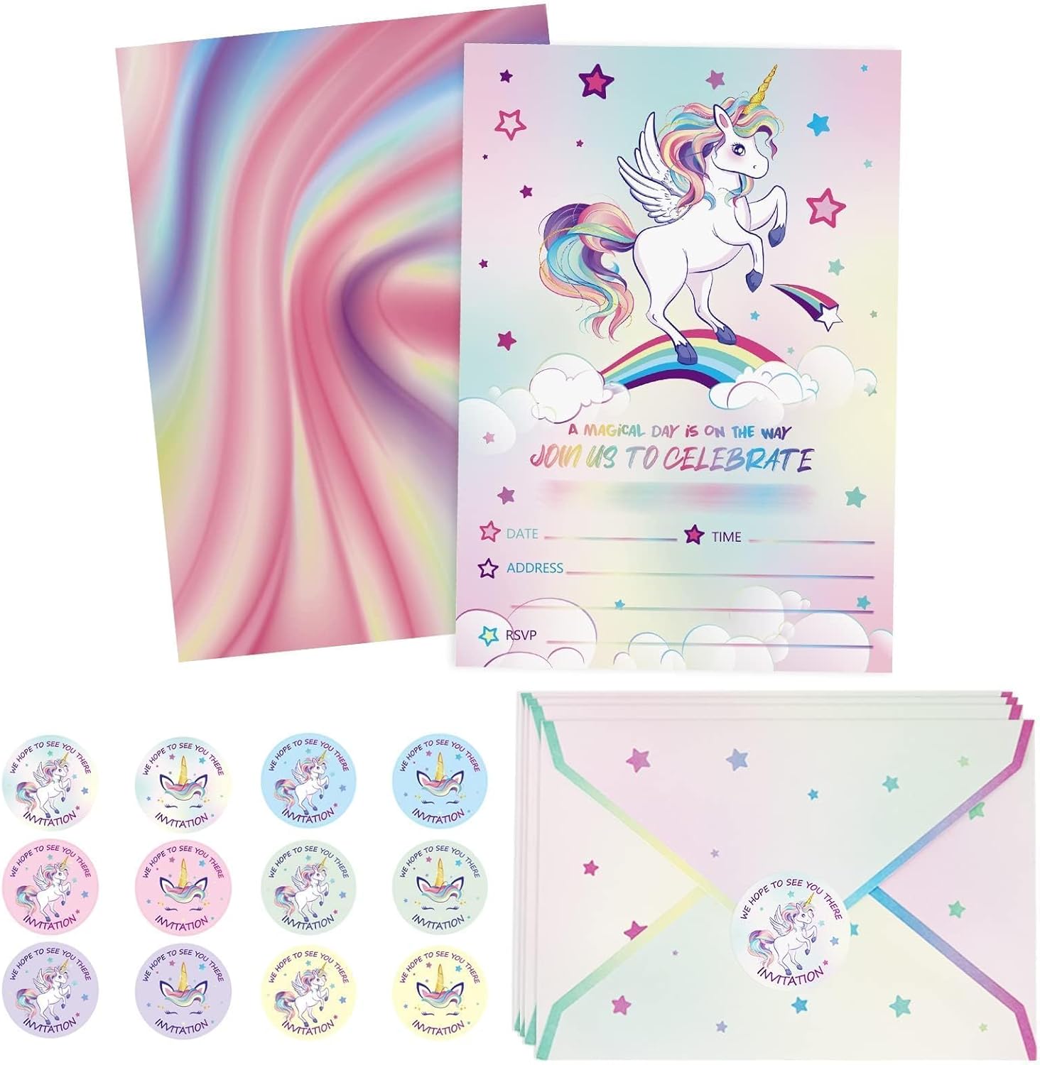 WERNNSAI 24PCS Unicorn Birthday Invites with Envelopes