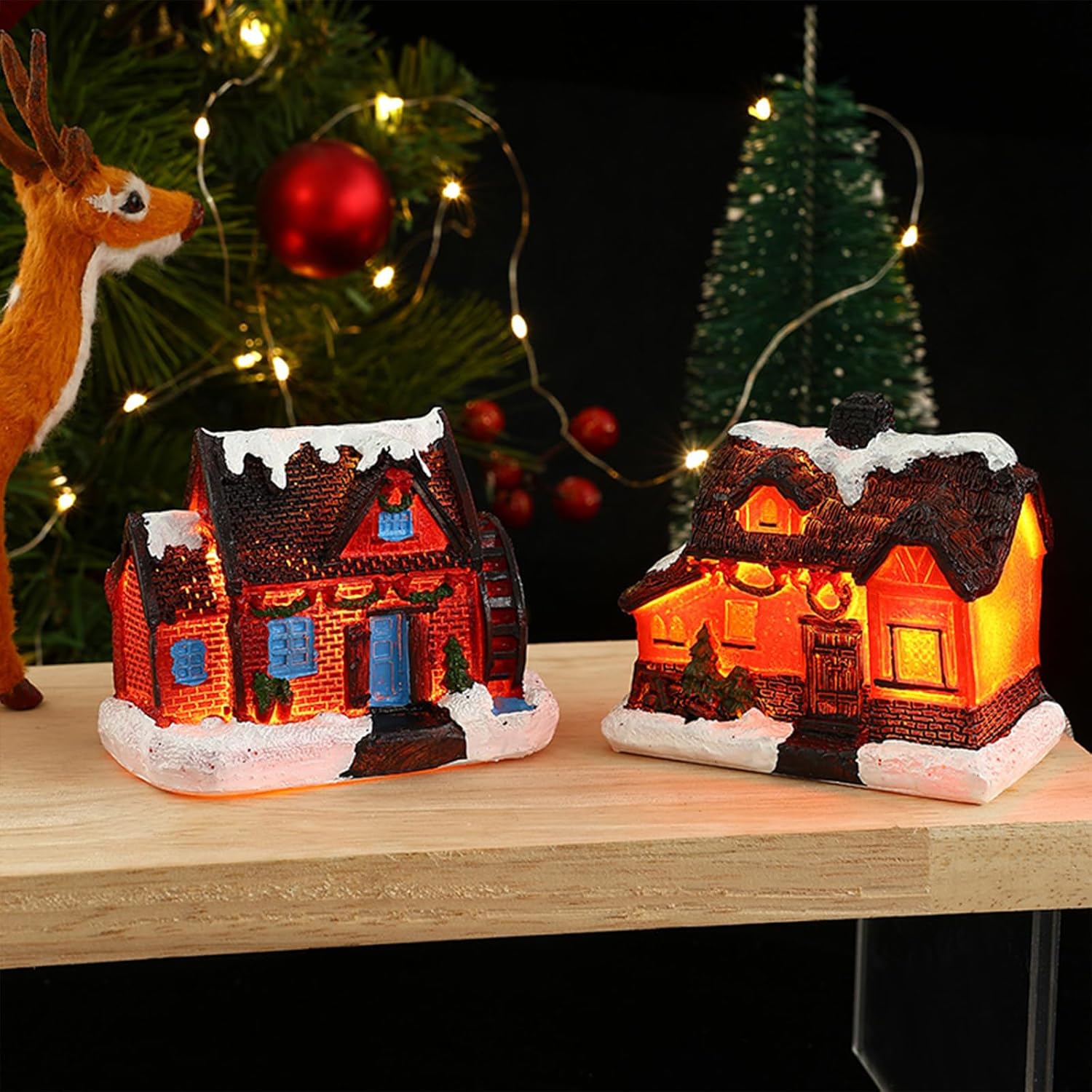 Keebgyy 4 Pack Light-Up Christmas Village Houses