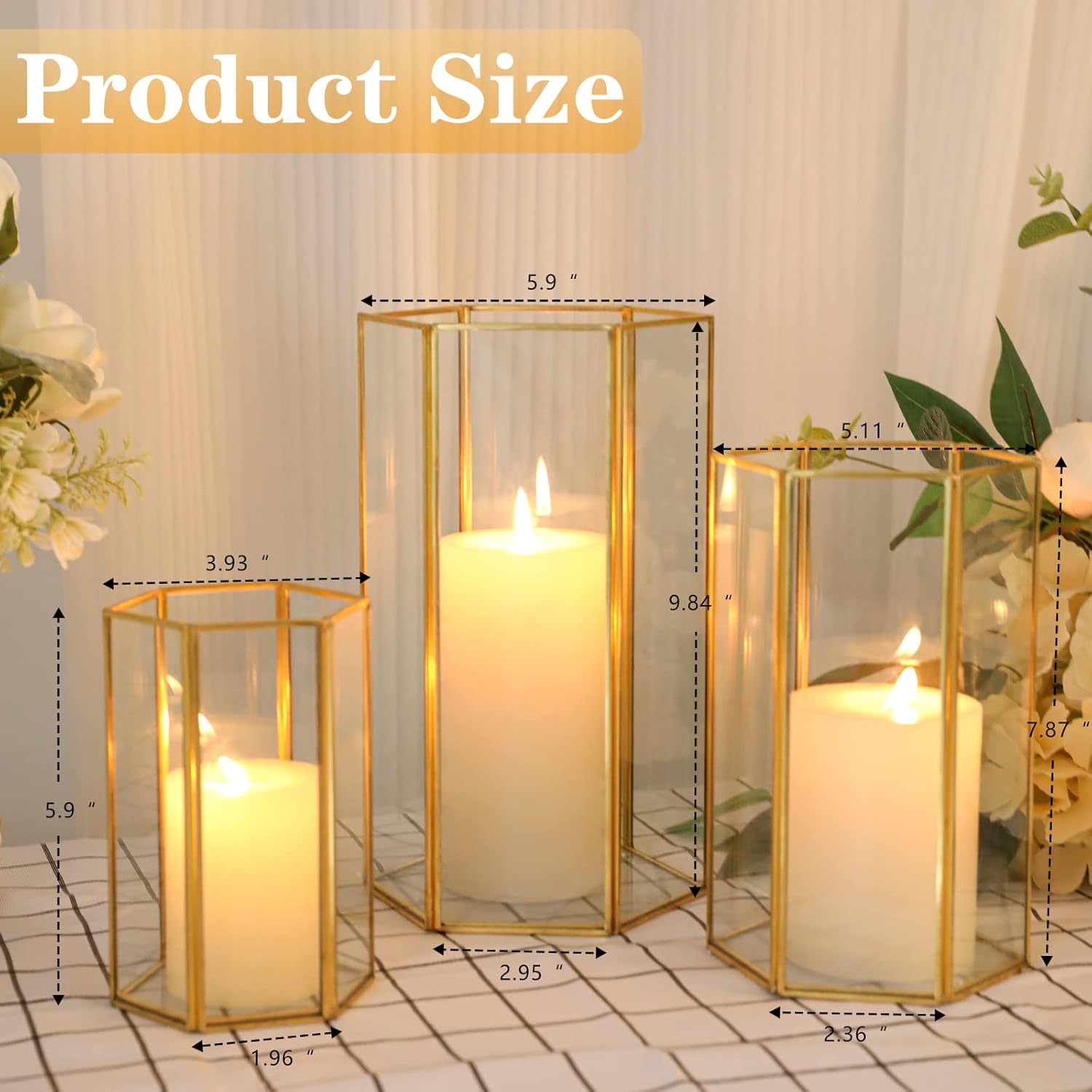 Glass Hurricane Candle Holder Set of 3 with Gold Frame
