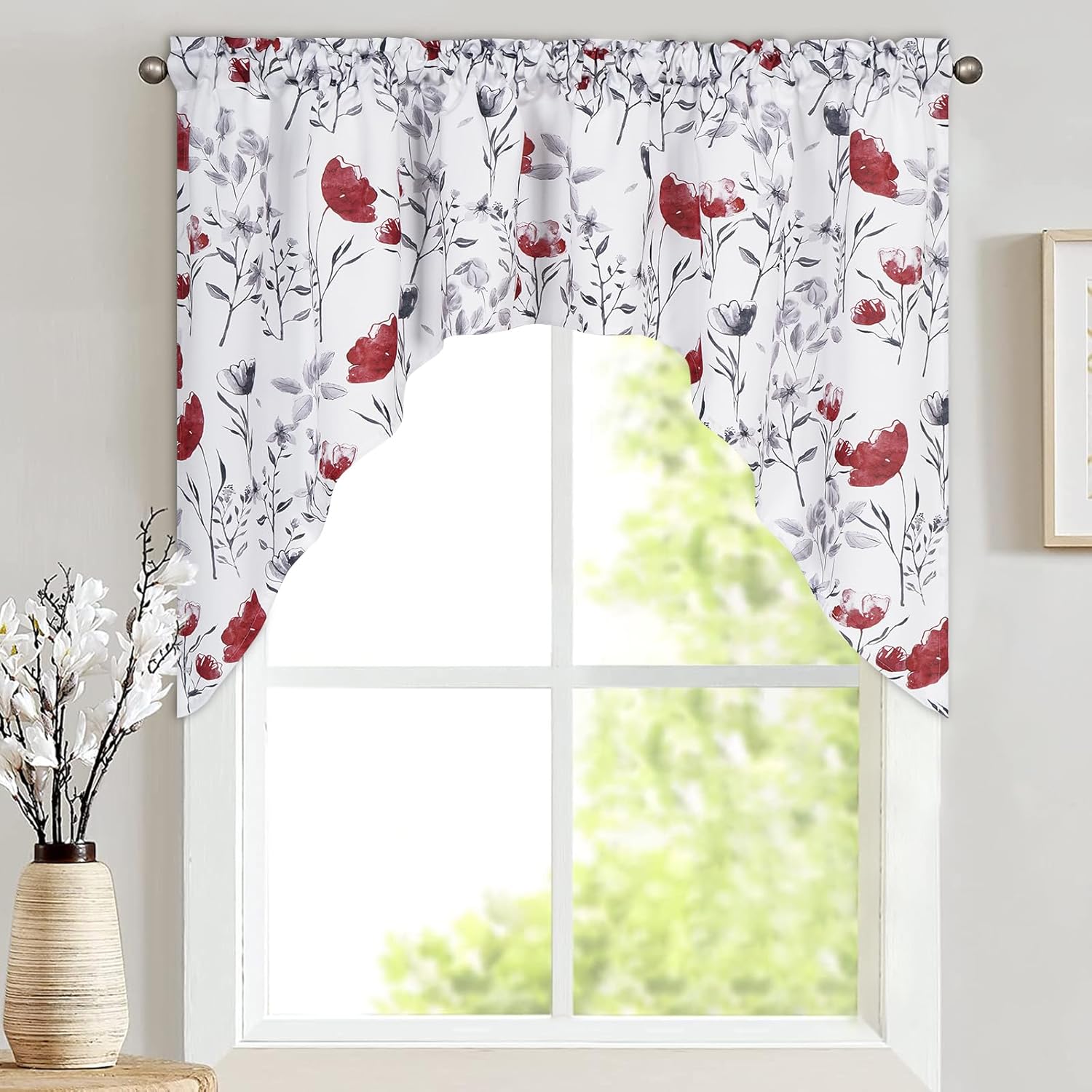 Likiyol Floral Swag Curtains Red Gray for Kitchen Bedroom Drapes