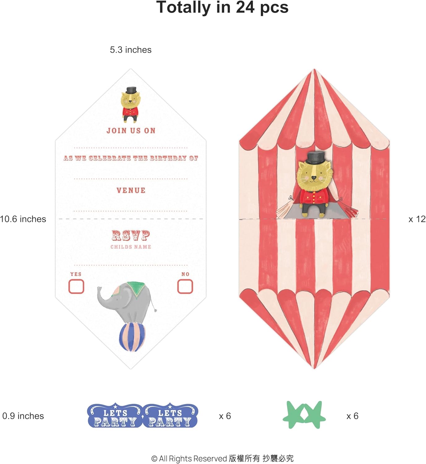 Cheerland Circus Themed Birthday Invitations with Stickers