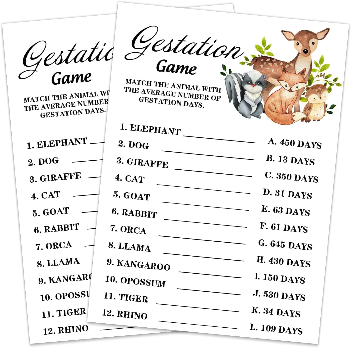 Safari Animals Gestation Game Cards for Baby Shower Party