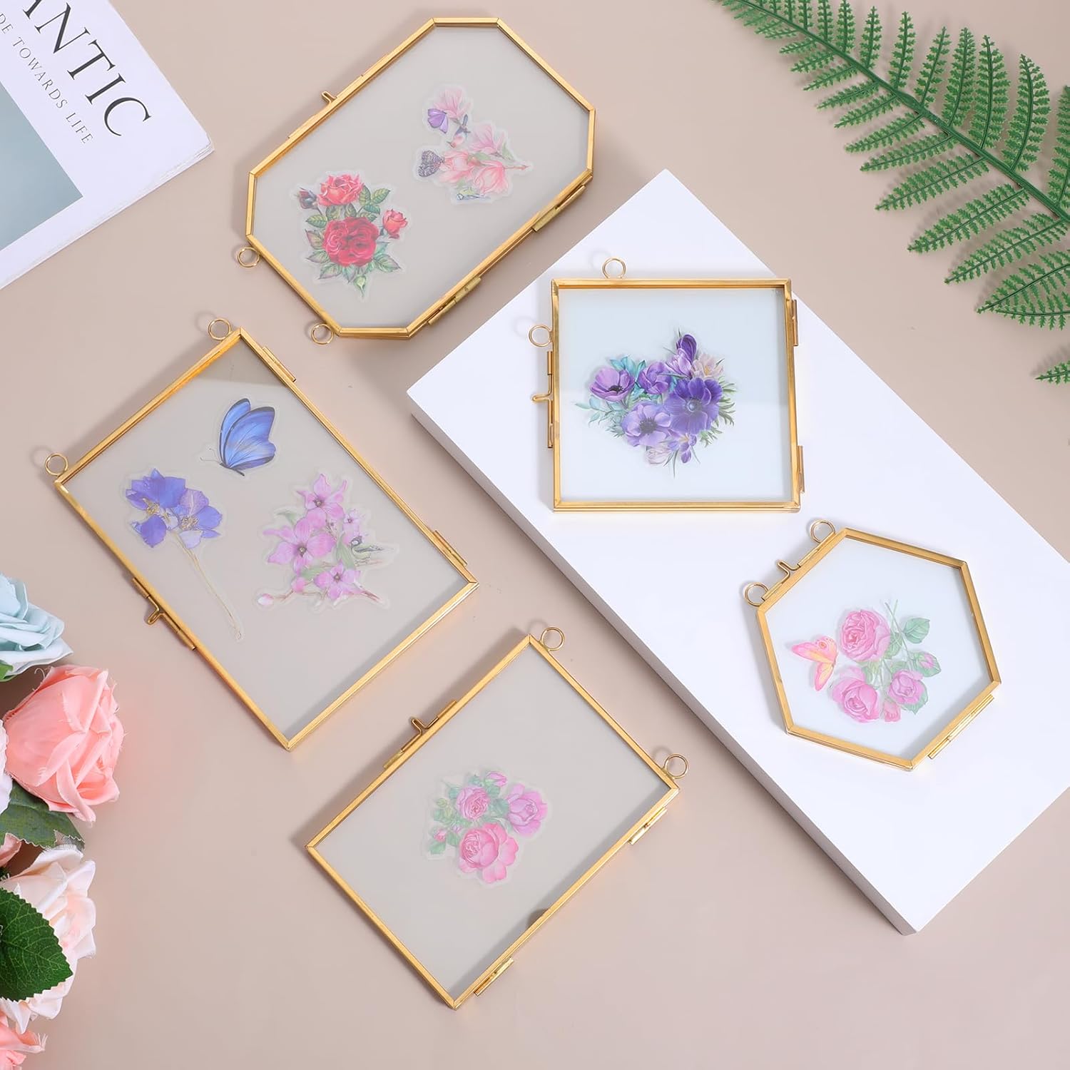 5 Pcs Double Glass Frame for Pressed Flowers with Gold Chain