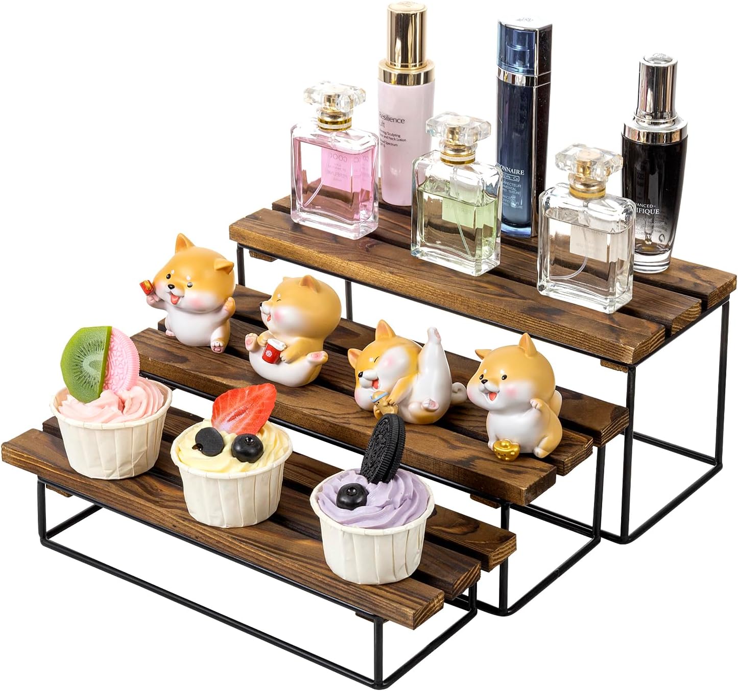 MyGift 3-Tier Rustic Burnt Wood Display Riser Stand