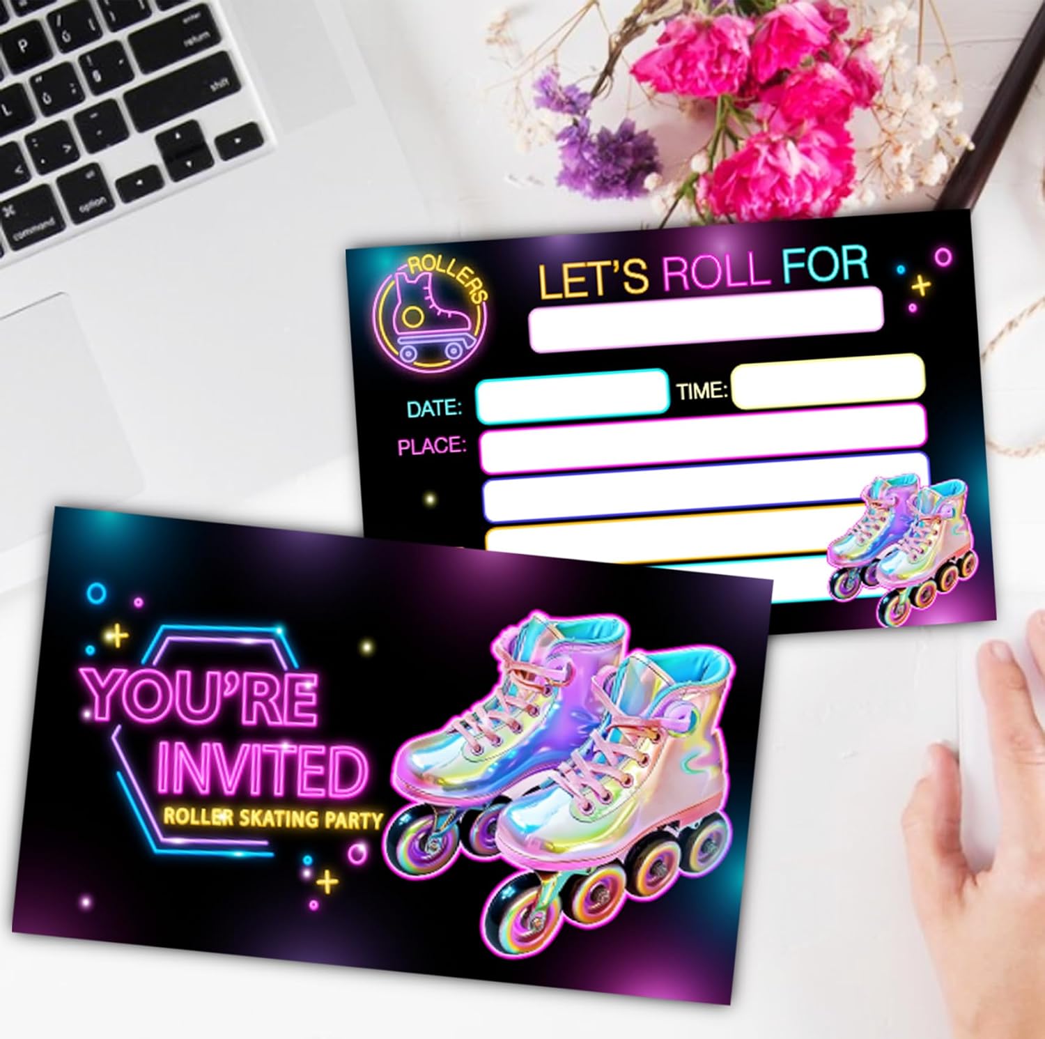 Neon Roller Skating Birthday Invitation Cards for Girls 30-Pack