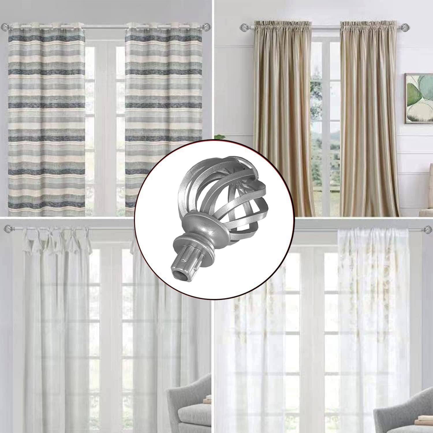 4 Pcs Spiral Cage Curtain Rod Finials for 58 Inch Rod