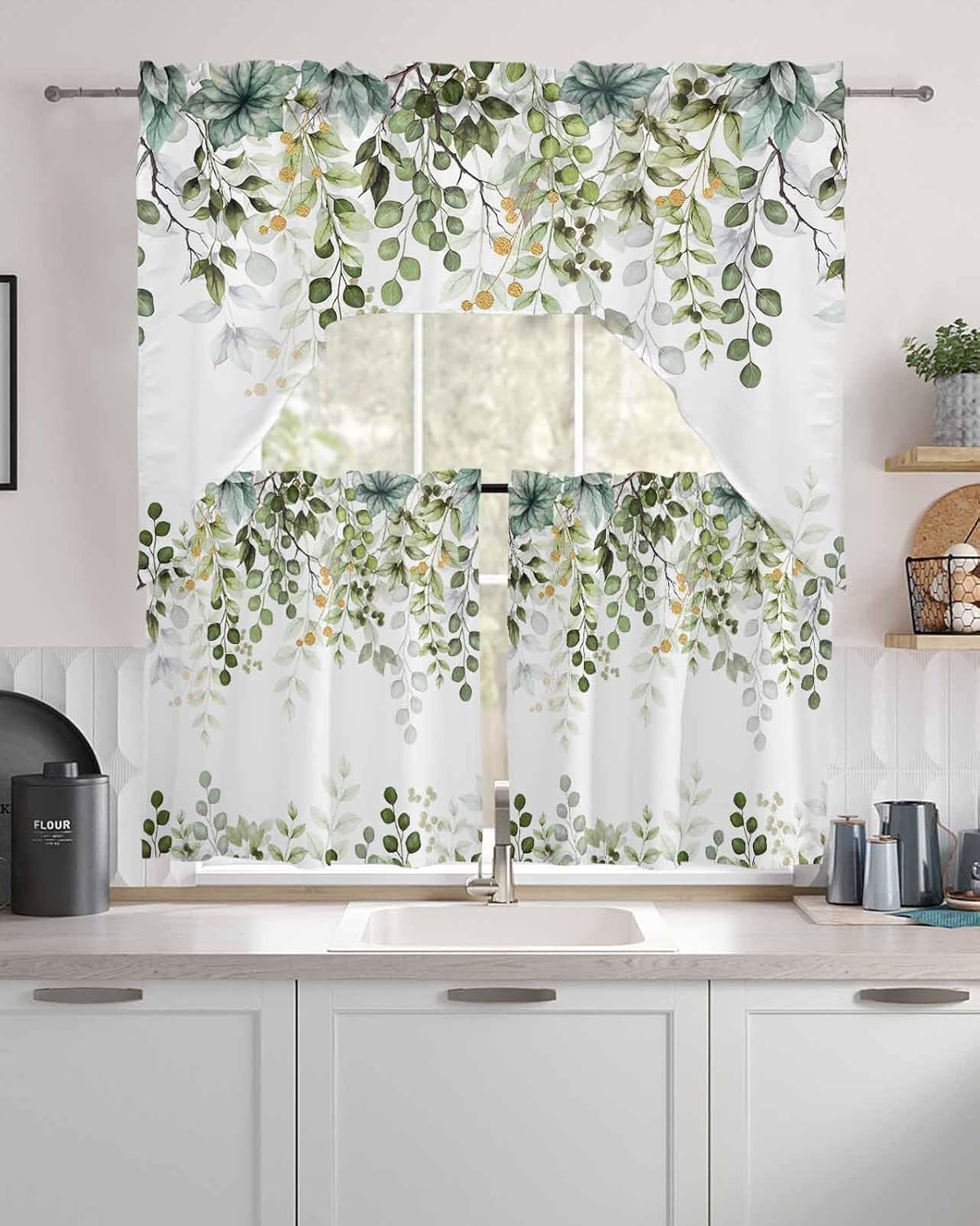 Sage Green Eucalyptus Leaf Curtain Set with Swag Valance and Tiers
