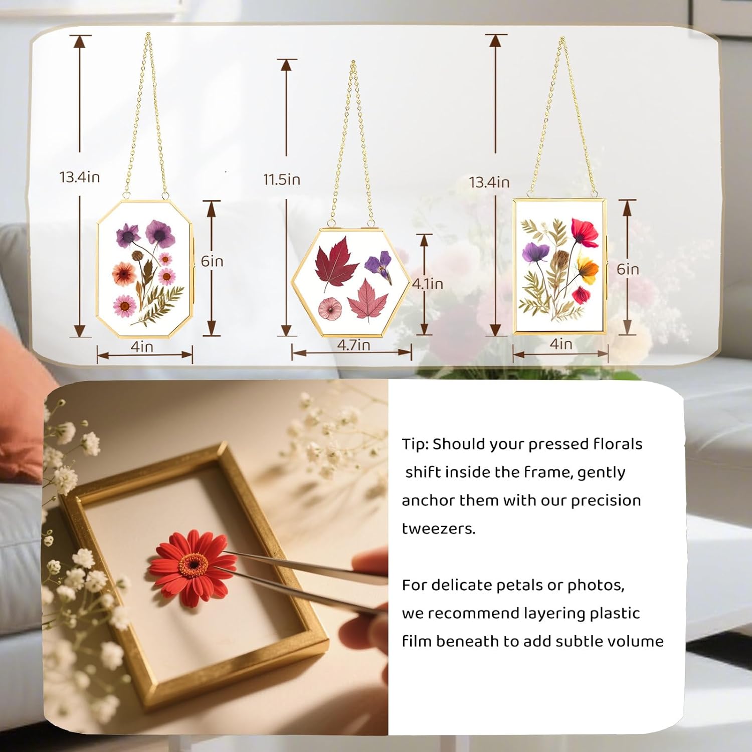 3 Pcs Pressed Flower Frame with Hanging Chain