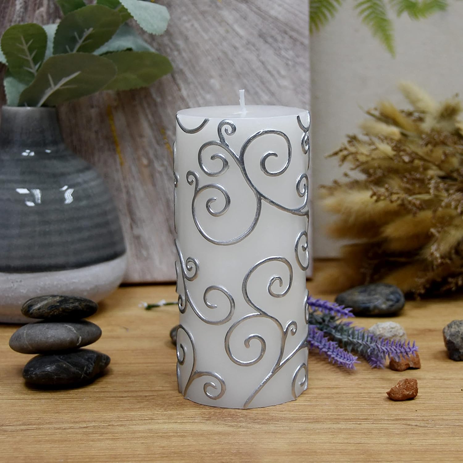 Zest Candle 6 Inch White Scroll Pillar Candle
