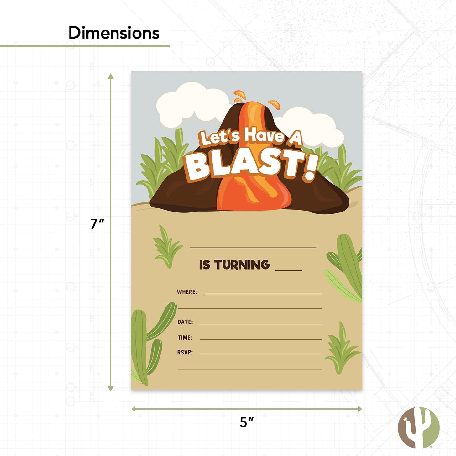 Desert Cactus Volcano Birthday Invitations 10 Count With Envelopes