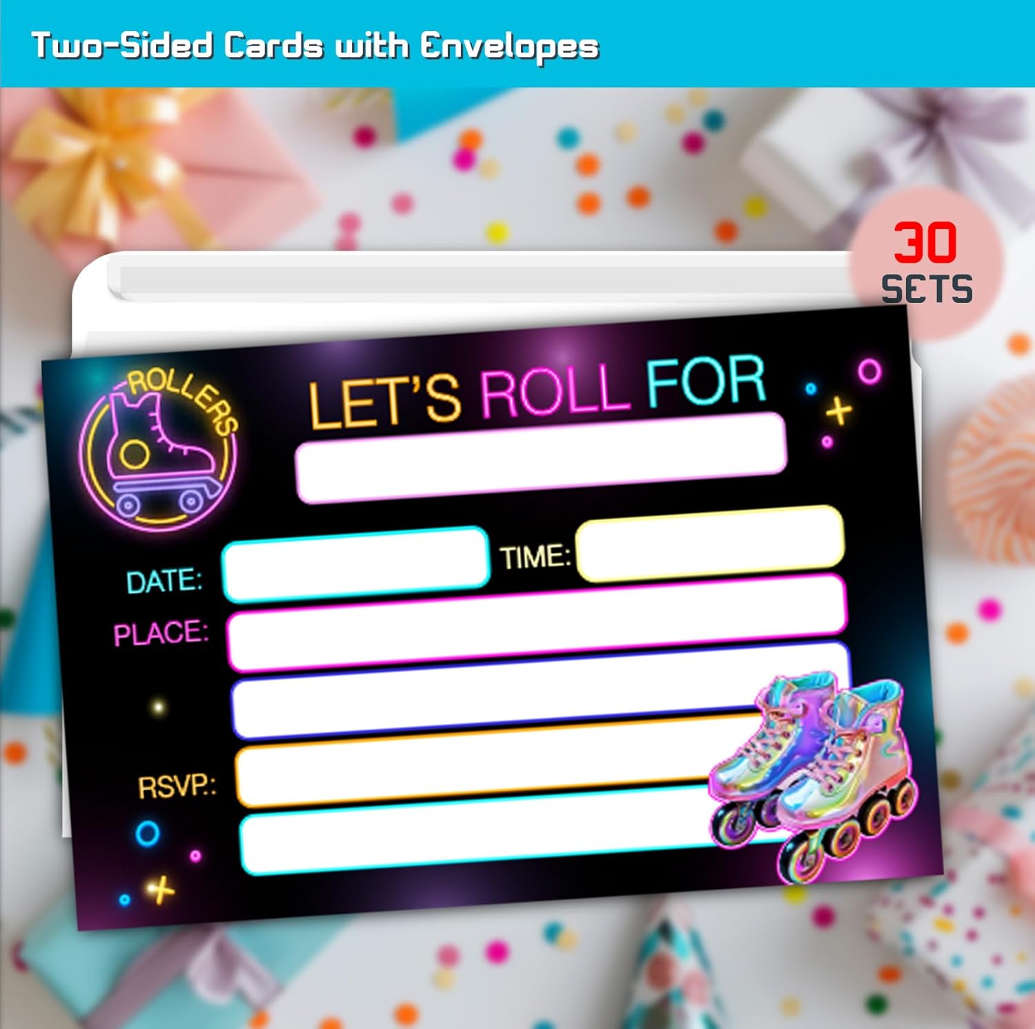 Neon Roller Skating Birthday Invitation Cards for Girls 30-Pack