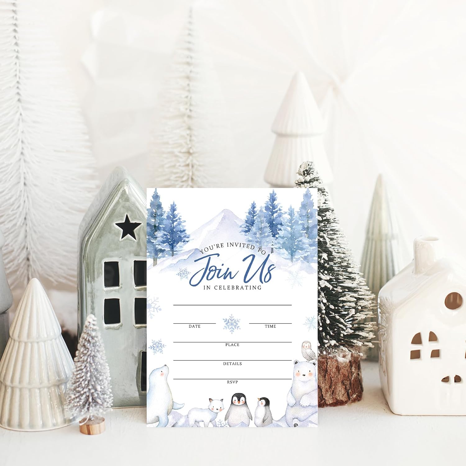 Whaline 25 Set Winter Forest Animal Snowflake Invitation Cards With Envelope Stickers
