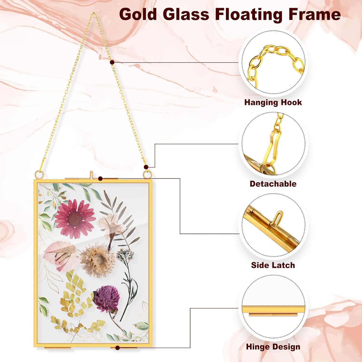 Barydat 12 Pack Pressed Flowers Glass Frames Gold Brass Hanging Display